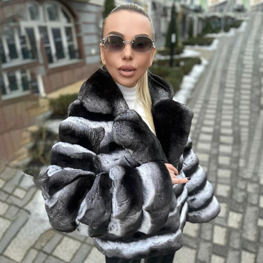 Luxury Women's Natural Real Rex Rabbit Fur Coat Winter Warm Jacket