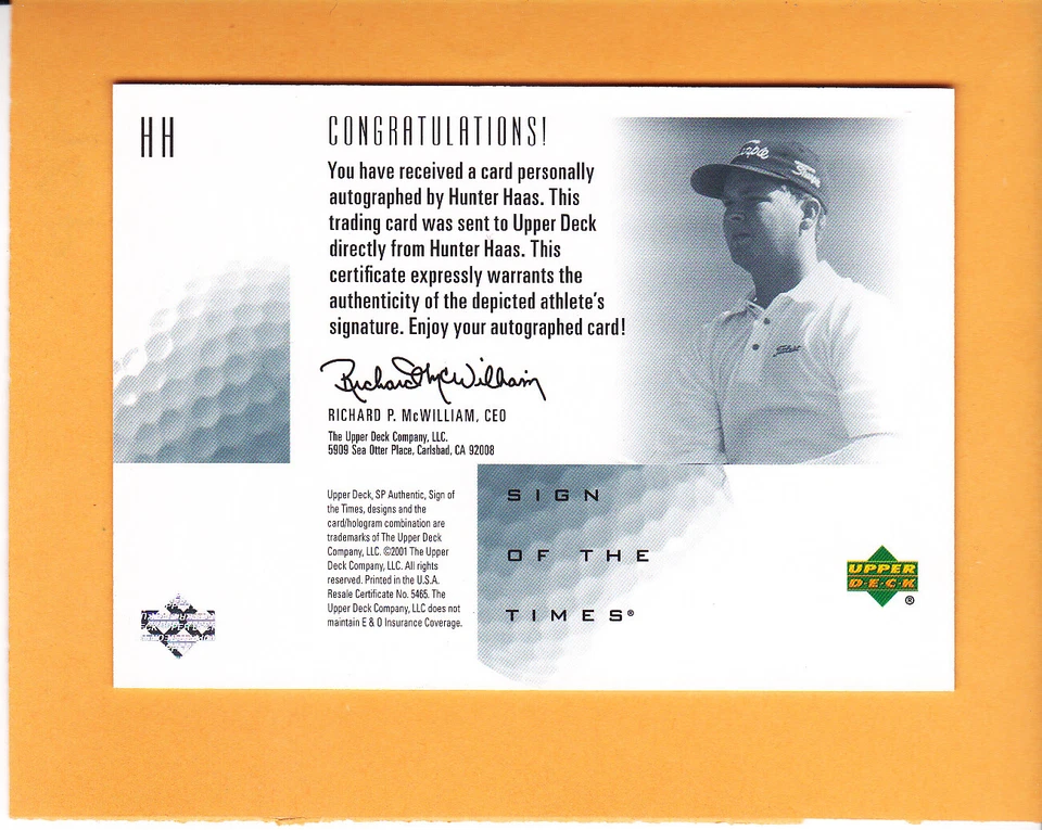 HUNTER HAAS #HH 2001 SP AUTHENTIC GOLF SIGN OF THE TIMES AUTOGRAPH PGA TOUR  A1 - Image 2 of 2