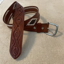 Tooled  Laced Western Genuine Leather Belt Southwestern Design 1.5  Size 34