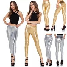 Silver Shiny Leggings Club Wear Clubbing Party Glam Trousers M/L 10/12