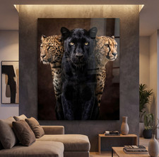Schwarzer Panther flankiert von zwei Leoparden Leinwand-Bild, Acrylglas Wandbild