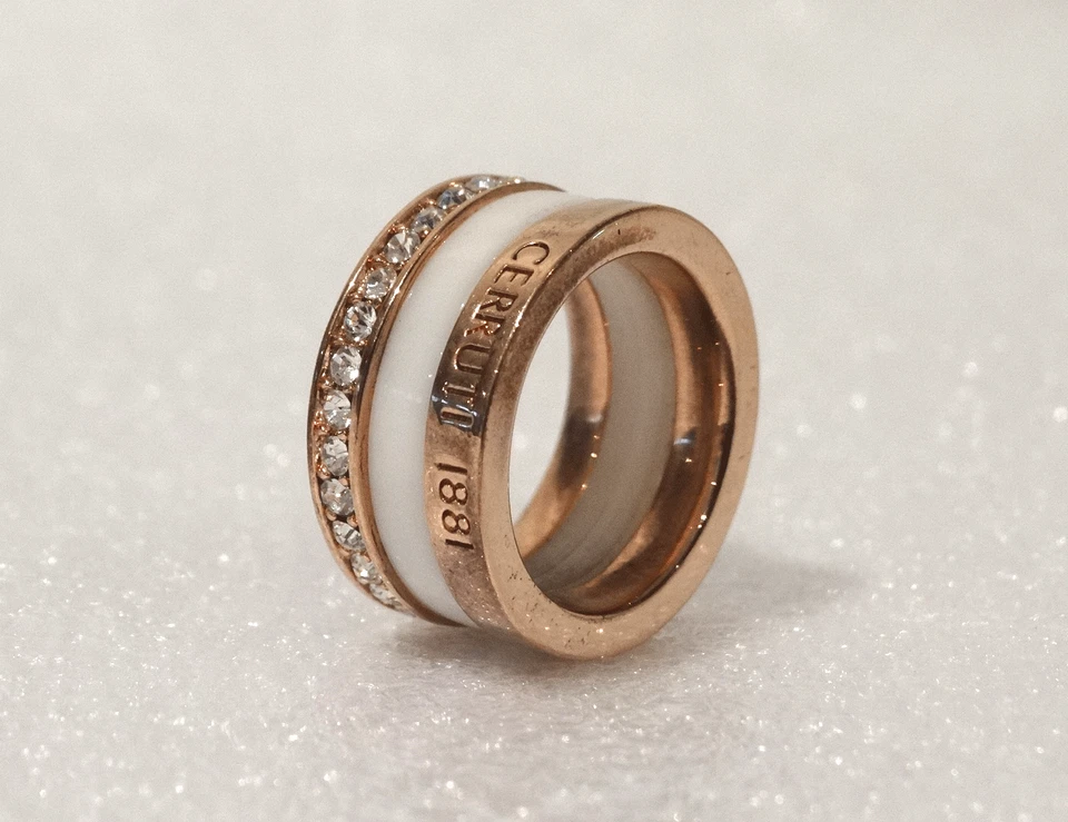 Bague Cerruti 1881 strassée en acier inoxydable cuivre et céramique blanche T52 - Photo 3/4