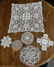 6 Pc Set of Vtg Hand Made Doilies Crochet, Tatting, Hardanger & Filet Crochet