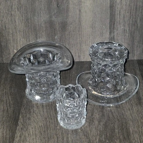 Set of 2 Fostoria American Glass Top Hats 3” Tall + Toothpick Holder