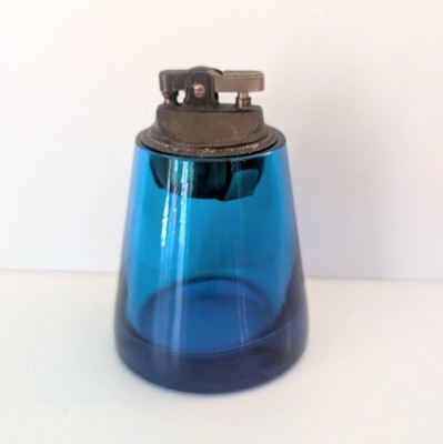 Mid Century Blenko Turquoise Blue Glass 666B Tabletop Lighter with Brass Insert