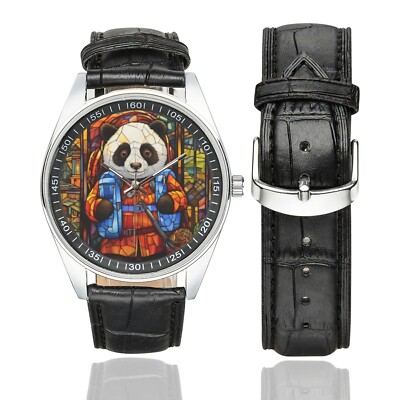 Buntglas Panda Psotman Uhr mit schwarzem Lederband für Erwachsene