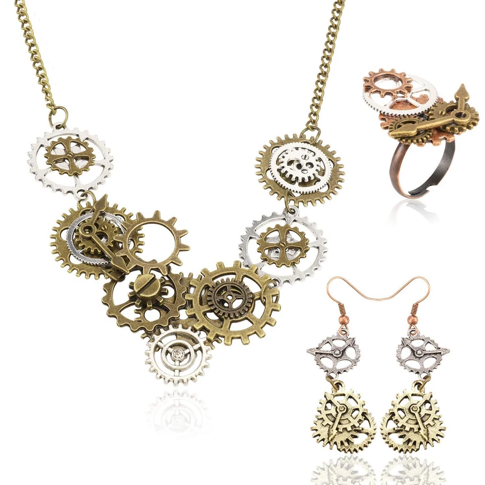 3 Stück Steampunk Accessoires Damen Steampunk Zahnräder Halskette Damen Ohrri...