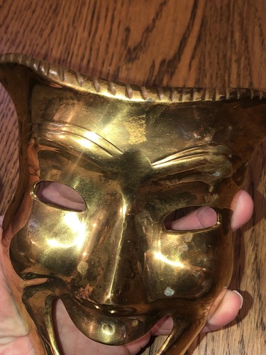 Vintage Brass Theatre Mask Comedy Tragedy Acting Wall Art 1970s Great Patina - Picture 12 of 18