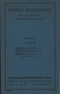 Renold-Erzeugnisse für industrielle Verwendungszwecke. Preisliste 1935.,
