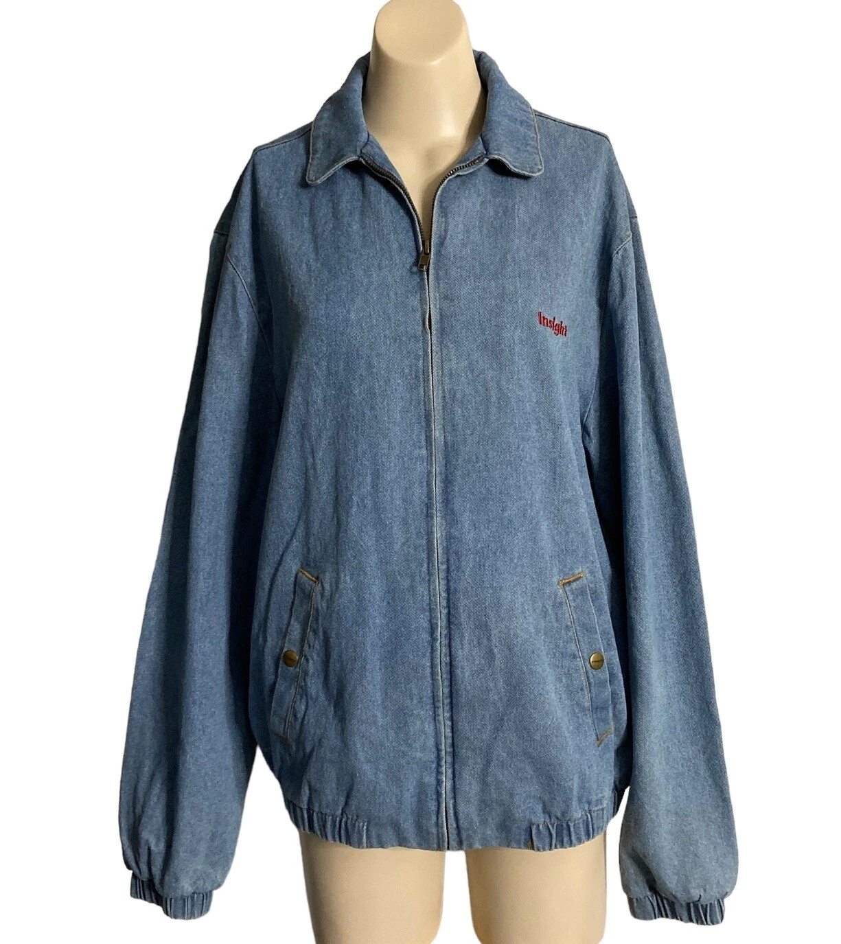 Insight Denim Jacket Men Sz Med Zip Front Side Pockets Cotton Lined Light Blue