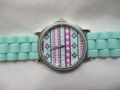 Wristwatch Blue Buckle Band Silver Toned Round Colorful Aztec Tribal Theme Face