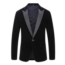 Mens Velvet Peak Lapel Suit Long Sleeve Single Breasted Blazer Tunic Coat Formal