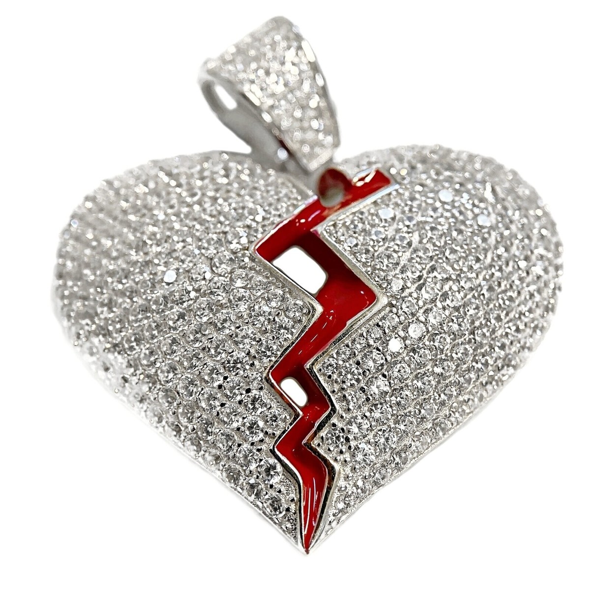 925 Sterling Silver Broken Heart Hip Hop Pendant Iced