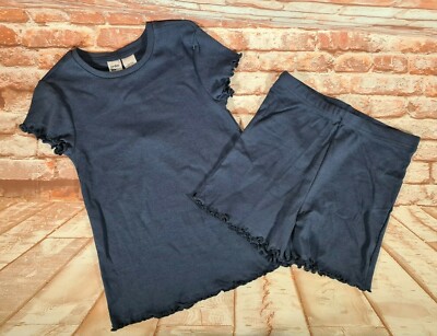 BNWT Girls Sz 7 Anko Indigo Lettuce Hem Knit Summer PJ Pyjamas Tee Shorts Set 