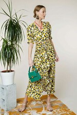 New Rixo London Ariel Micro Tulip Mono Yellow V-Neck Midi Dress Sz XS UK 8