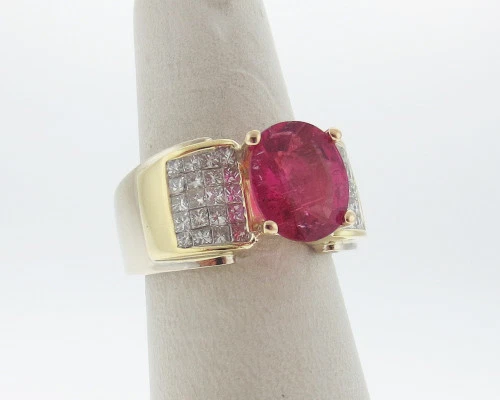 Anillo de cóctel fino de oro macizo de 18k con diamantes de turmalina rosa natural de 4,00 quilates talla 7,5 Foto 2 de 4