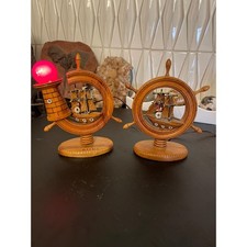 Vintage Maritime Greek Ship Wheel and Lighthouse Lamp Pair