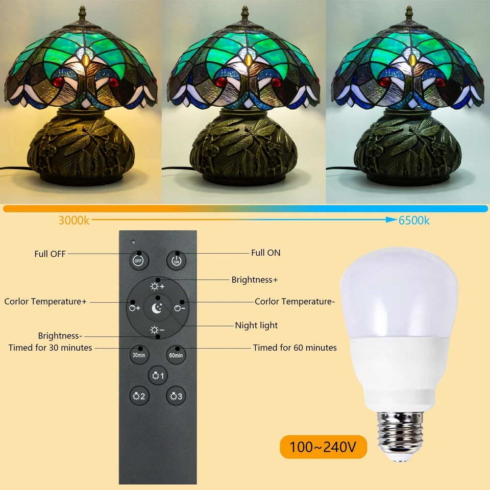 Lámpara de mesa estilo Tiffany libélula, pequeña lámpara de vitral para cabecera, cama... Foto 4 de 4