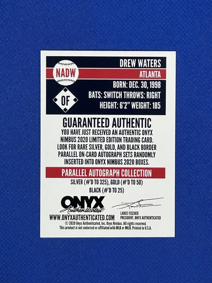 2020 Onyx Nimbus Gold Auto /50 Drew Waters #NADW Autograph - Image 2 of 2