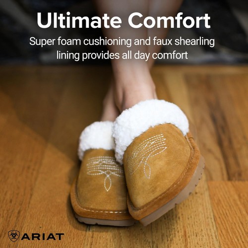 ARIAT Womens Jackie Square Toe Suede Slippers Chestnut Size 8 Faux Fur Lined - Picture 7 of 8