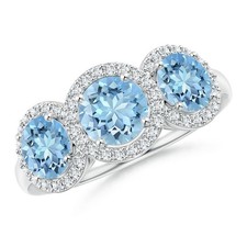 925 Silver Round Aquamarine Stone Sister Prong Three-stone Birthday Ring Size 7