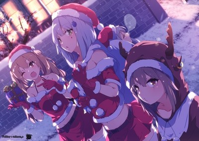 Anime Art 2D Portrait Christmas Santa Hats Snow 11x17 Poster