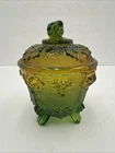 Vintage Green /Yellow Jeanette Carnival Glass Covered Lid & Footed Candy Dish