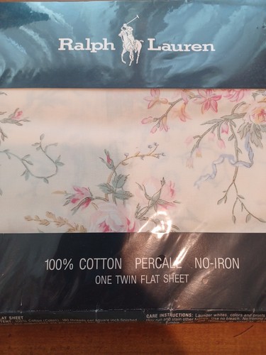 Ralph Lauren Twin Flat Sheet Cream Floral Rose Wisteria Blue Ribbon Vines Vintag - Picture 1 of 13