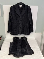 JSong 100% Linen Blazer Jacket Black Lace + Vest & Pants Sz14 Lined Embroidered