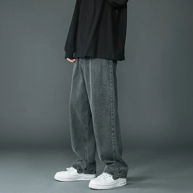 New Men Denim Wide-Leg Pants Korean Style Straight Light Blue Baggy Jeans  Elastic Waist Student Trousers Male Black Gray : : Clothing, Shoes  & Accessories