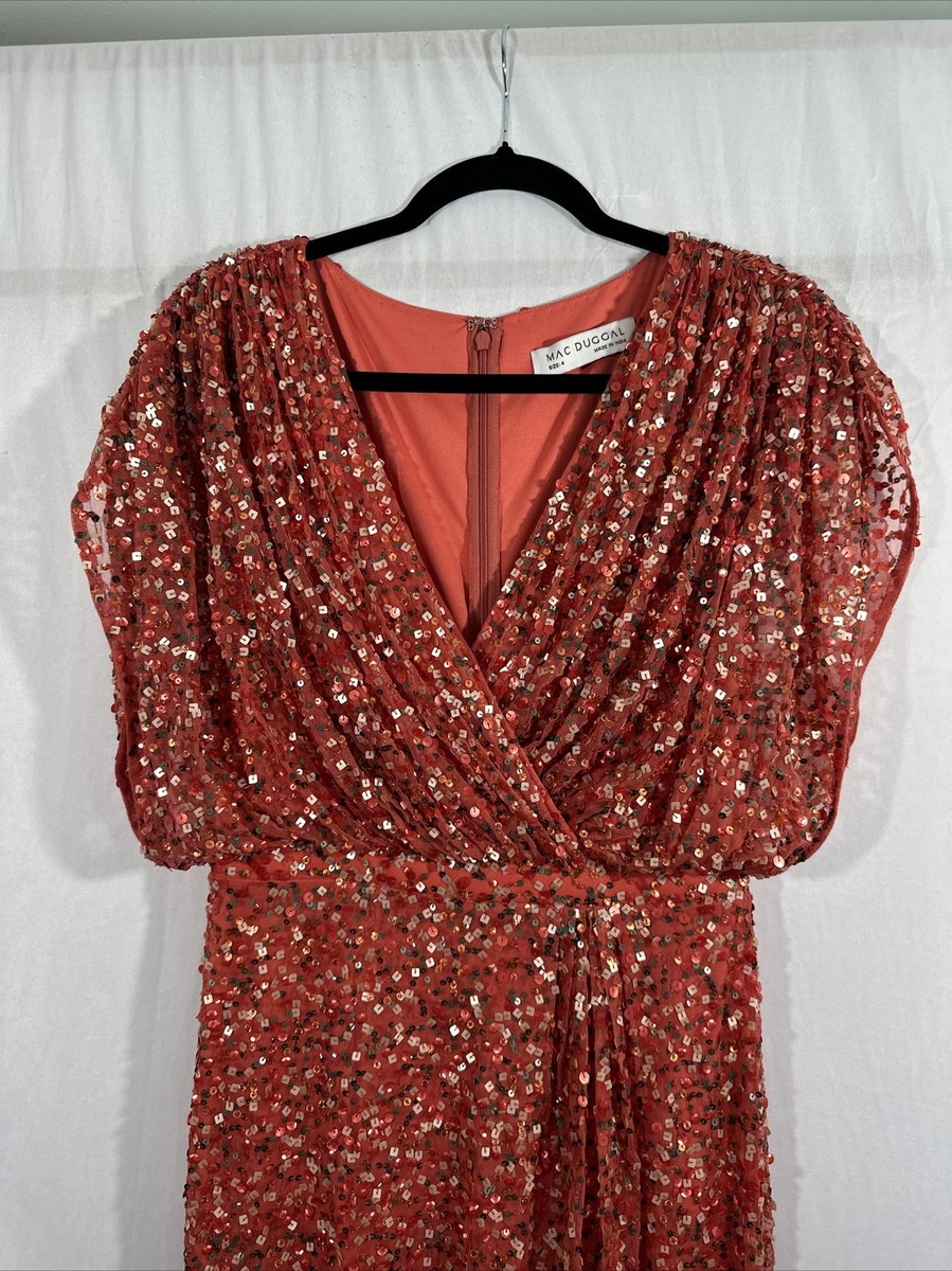 限定!!Mac Duggal スパンコール Vネック ドレス NWT Mac Duggal [ 4 ] 5640 Draped Sleeve V Neck Gown Paprika