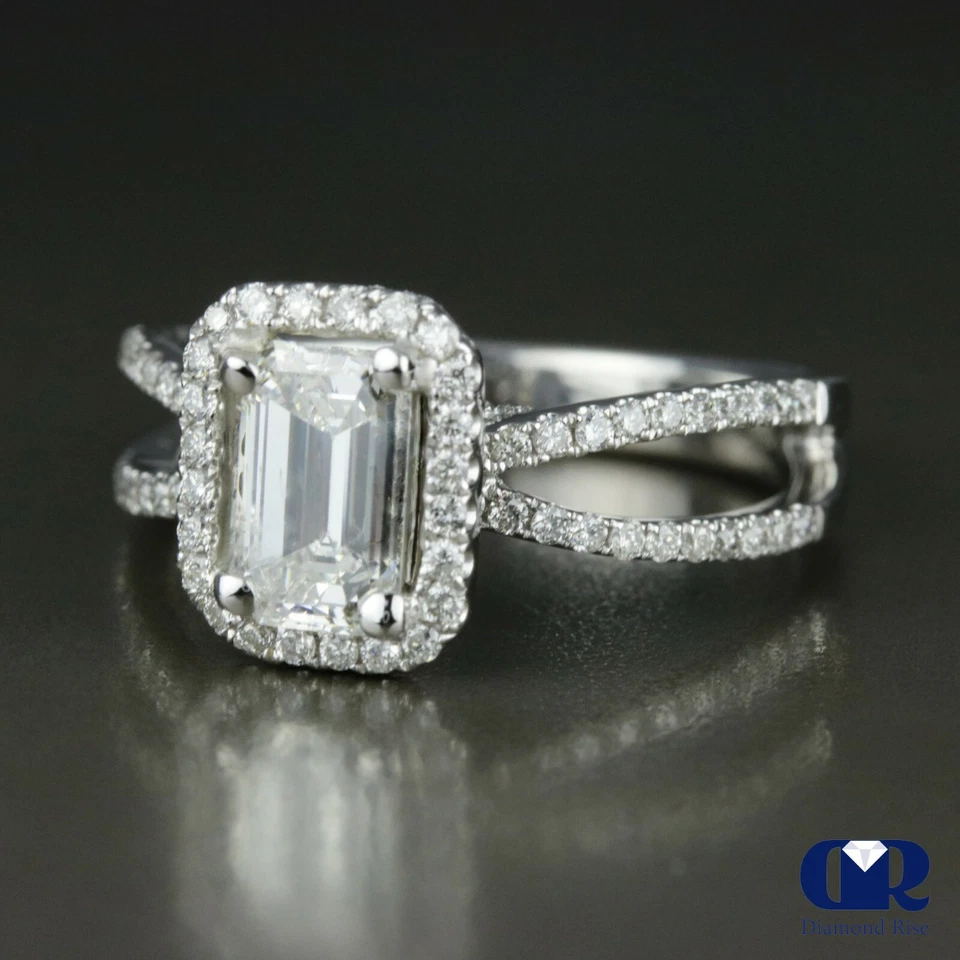 1.68 Carat Emerald Cut Diamond Halo Split Shank Engagement Ring 18K White Gold - Image 2 of 4