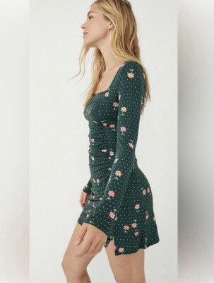 Free People Dress M Celia Mini Fall Green Floral Emerald Jewel Combo Bodycon NWT