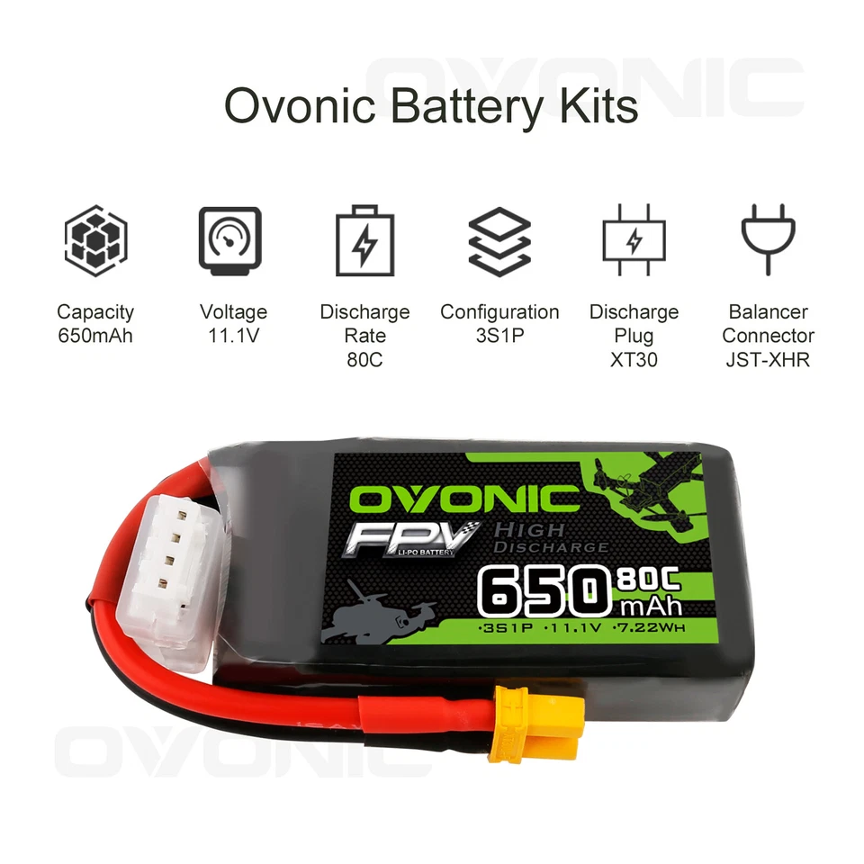 4X Ovonic 3S 650mAh Lipo Akku 11.1V 80C XT30 für Micro FPV 2-3'' Renn drohne - Bild 4 von 4