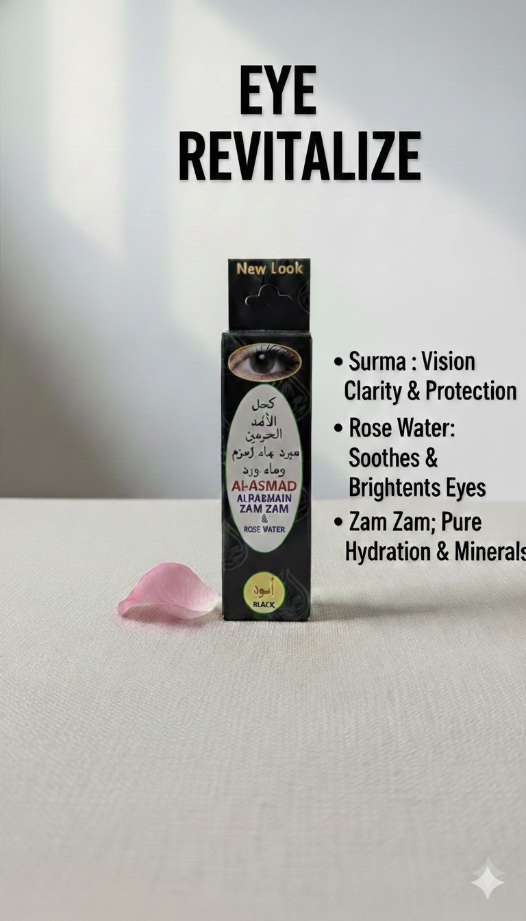 AL ATHMAD Original Negro Kohl Surma Delineador de Ojos en Polvo con ZamZam Agua Rosa Agua