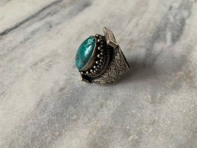Vintage Tibetan Silver Hand Crafted Turquoise Ring Approx 20mm Size 10 Ring2
