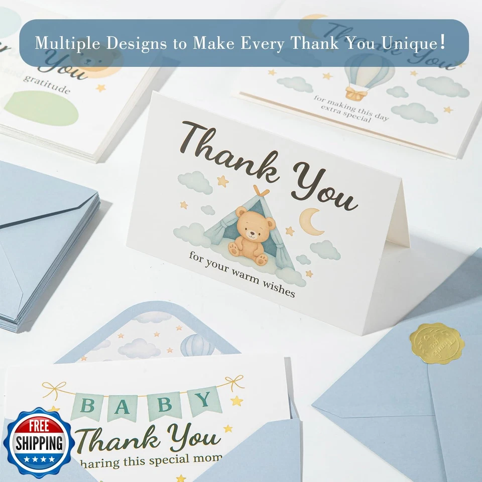 Tarjetas de agradecimiento C2U Baby Shower para niño - Paquete de 24 con sobres y Sti dorado Foto 4 de 4