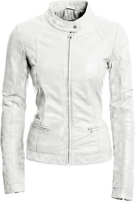 Weiße modische Bikerjacke aus echtem Lammleder schmale Passform weiches Leder für Damen