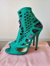 JIMMY CHOO Emerald Green Suede Laser Cut-Out Cage Stiletto Heel Sandals 35.5