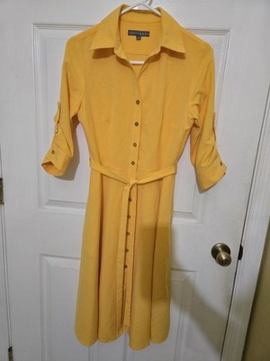 Sharagano Yellow Belted Shirt Dress Collared 3/4 Sleeve Knee Length Size 4