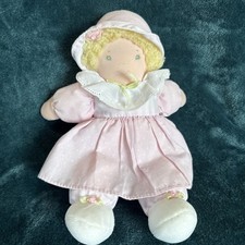 VTG Eden Pink Soft Terry Baby Doll Girl Doll Eyelet Gingham Bonnet Hat Bow Lovey