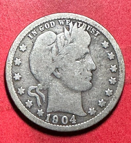 1904 US Barber SILVER Quarter "Philadelphia" Mint! Very Good! Old US Coin!
