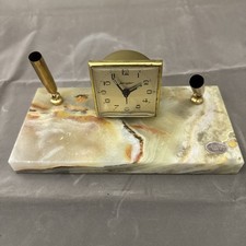 Jerger Germany Clock MCM Desk Top Onyx Base Variegated Marbled Colors Pen Holder