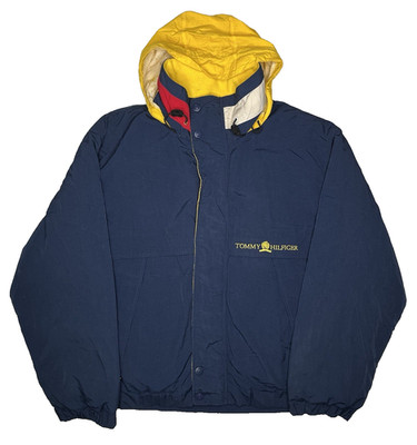 Vintage Tommy Hilfiger Colorblock Flag Down Insulated Puffer Jacket L XL Hoodie