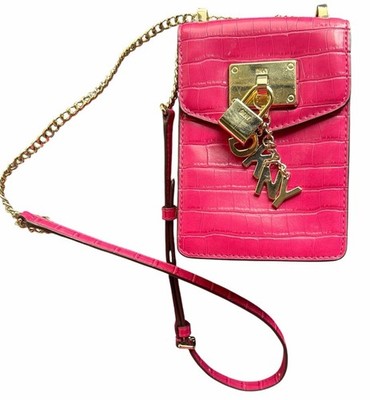 DKNY Hot Pink Croc-Embossed Vegan Leather Crossbody Bag with Gold Hardware