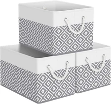 Storage Bins, 3-Pack Large Box with Rope Handles, 3Pack, White & Grey 