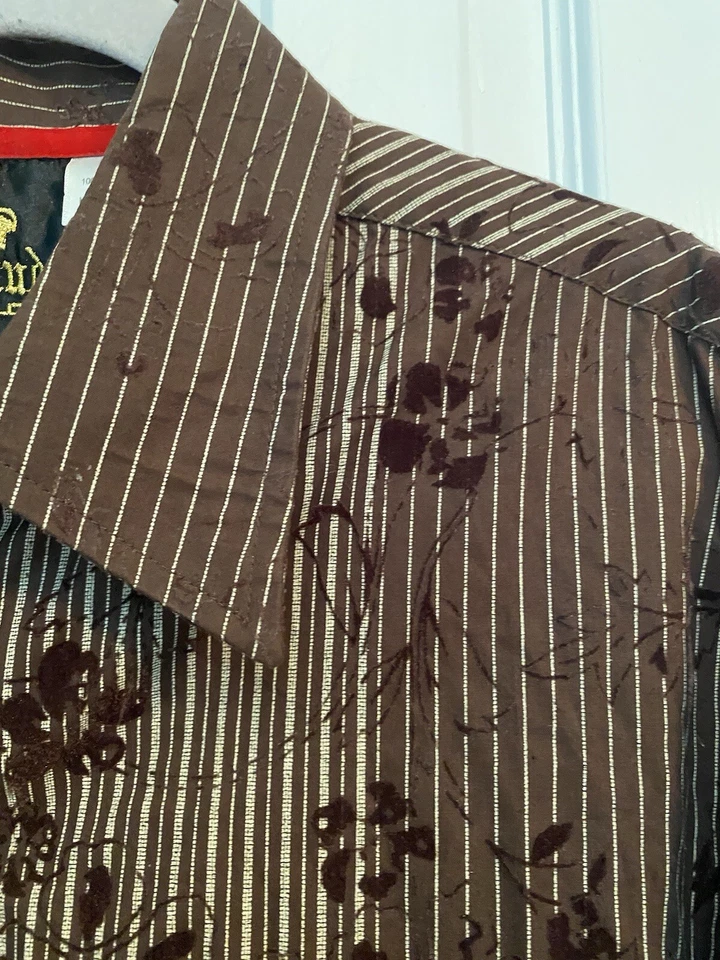 Attitude Gold Mens Sz 3XL Long Sleeves Velvet Designed Brown on Brown Button Up - Image 3 of 4