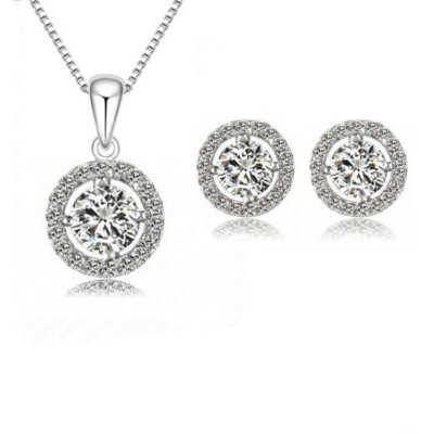 BRANDNEU VERSILBERT MODISCH rund Strass ANHÄNGER UND OHRRING SET