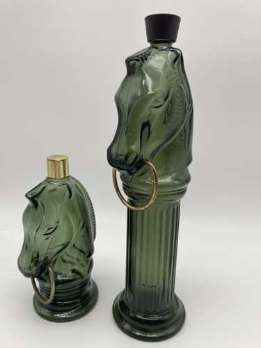 Vintage Avon Horse Head Decanters Green Glass Cologne Bottle Empty - Lot of 2
