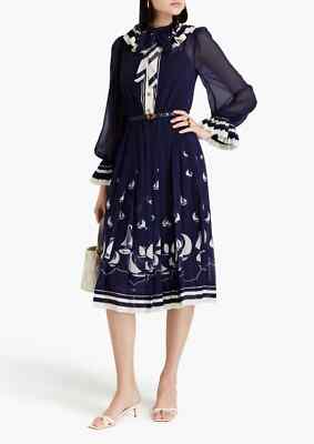 Zimmermann pleated tie neck midi dress moonlight sailboats sailor nautical  sz 3 | eBay Australia